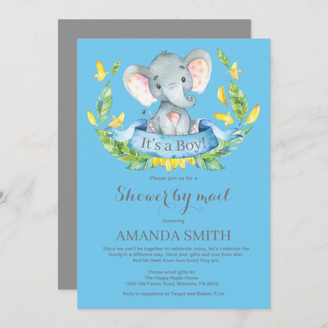 Boy Elephant Baby shower par Mail Invitation (Devant / Derrière)