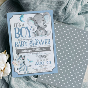 Boy Elephant et Zebra Baby shower Invitation