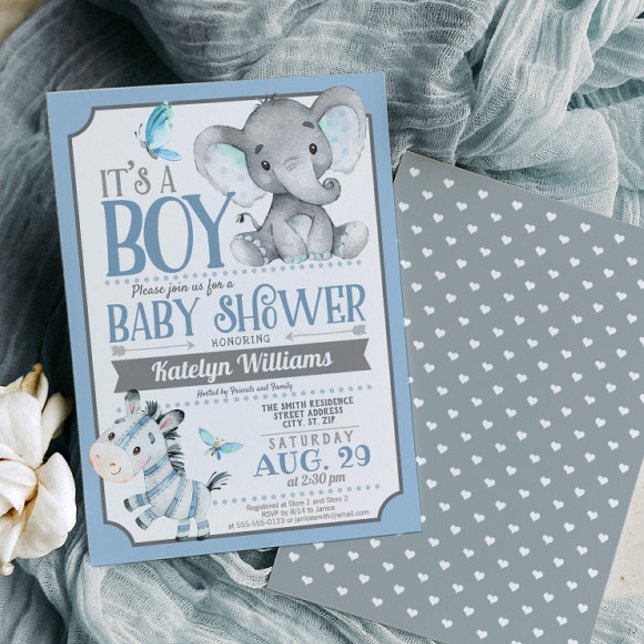 Boy Elephant et Zebra Baby shower Invitation (Créateur téléchargé)