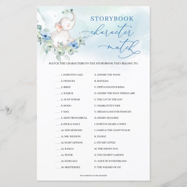 Boy Elephant Eucalyptus Storybook Caractère Match (Devant)