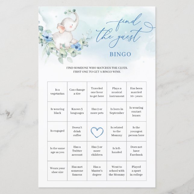 Boy Elephant Eucalyptus Trouvez L'Invité Bingo jeu (Devant)