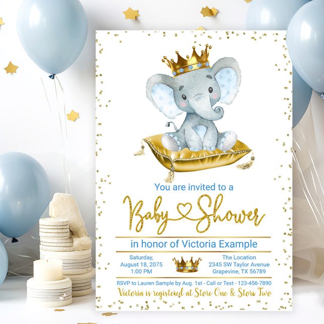 Boy Elephant Prince Baby shower Invitation (Boy elephant prince baby shower invitation. Baby blue and gold baby shower invitation.)