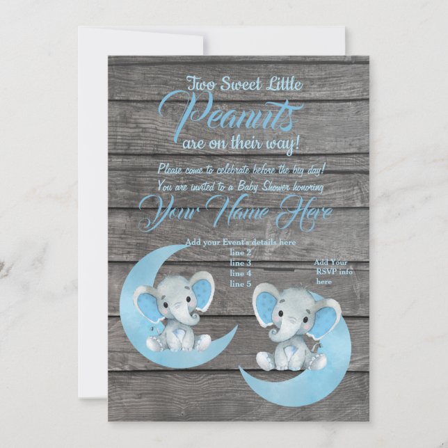 Boy Elephants Baby shower Invitation moo rustique (Devant)