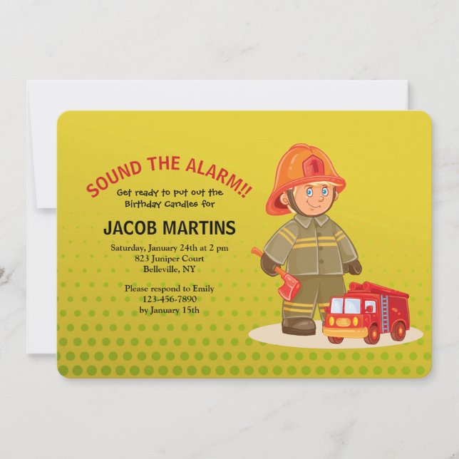 Boy Firefighter Invitation de fête d'anniversaire (Devant)