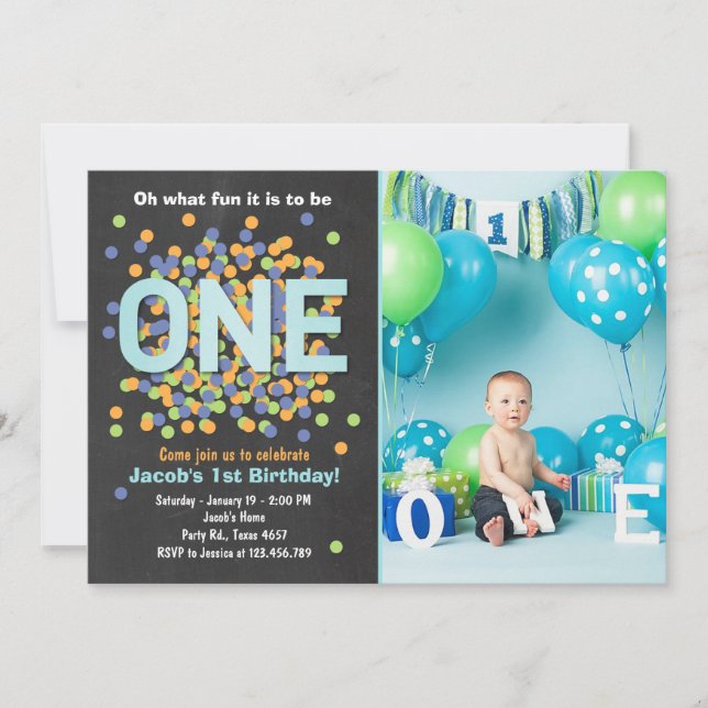 Boy First Birthday Invitation Confetti ONE blue (Devant)