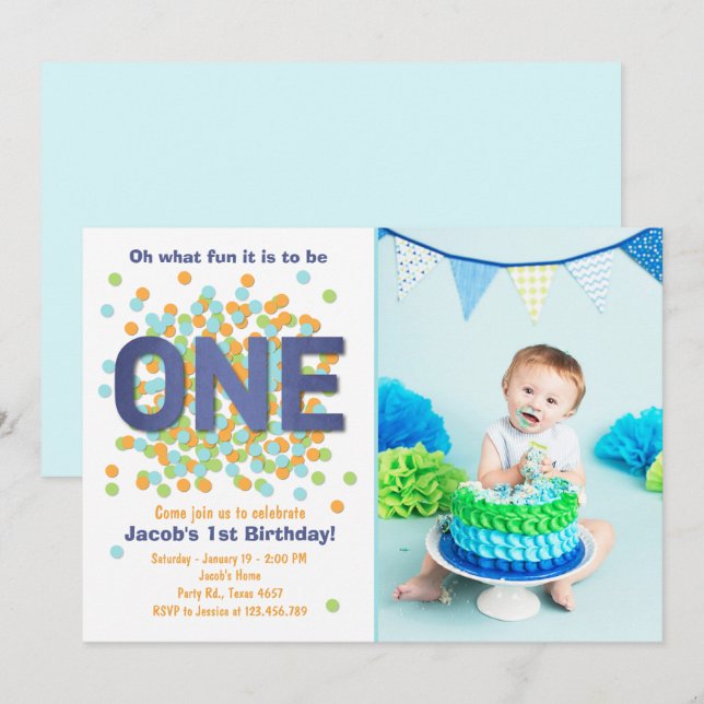 Boy First Birthday Invitation Confetti ONE blue (Devant / Derrière)