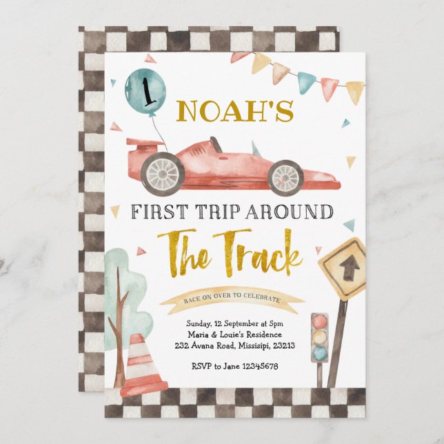 Boy First Racing Anniversaire Invitation (Devant / Derrière)