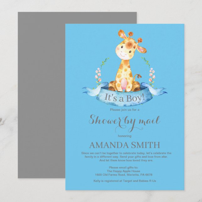 Boy Giraffe Baby shower par Mail Invitation (Devant / Derrière)