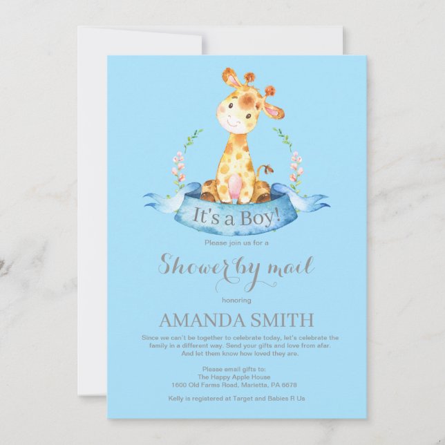 Boy Giraffe Baby shower par Mail Invitation (Devant)