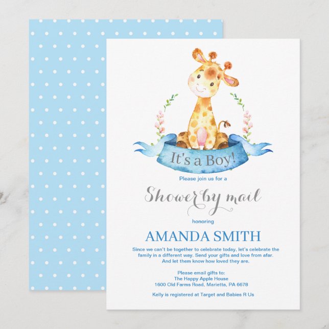 Boy Giraffe Baby shower par Mail Invitation (Devant / Derrière)