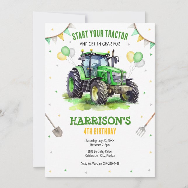 Boy Green Tractor Farm Birthday Party Invitation (Devant)