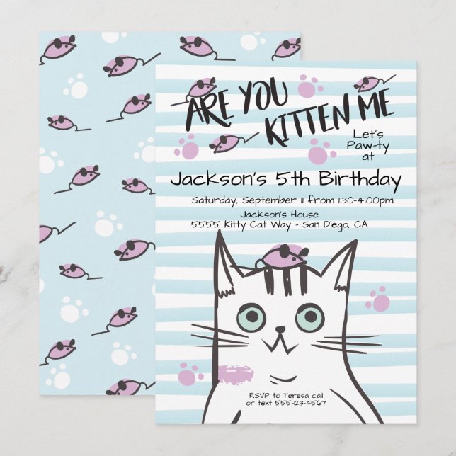 Boy Kitty Chat Anniversaire Fête Invitation (Devant / Derrière)