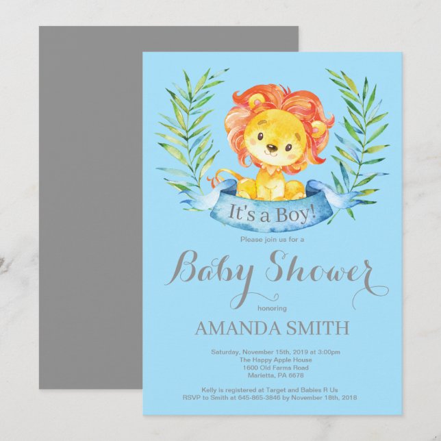 Boy Lion Baby shower Invitation Bleu et gris (Devant / Derrière)