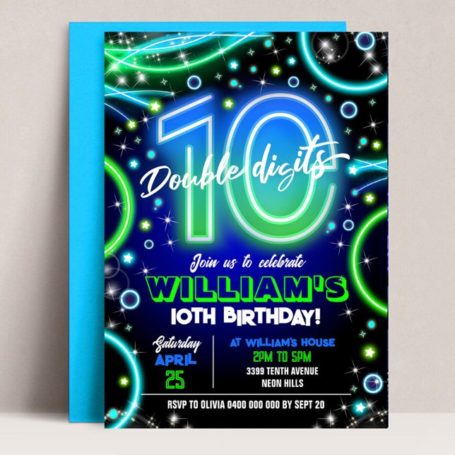 Boy Neon 10e anniversaire Invitation Double chiffr (Neon 10th Birthday Invitation. Boy Double Digits invitation. Blue Green Neon 10th Birthday Party)