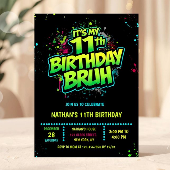 Boy Neon 11th Birthday Invitation Graffiti Style (neon 11th birthday invitation, eleventh birthday invitation, editable double digits invitation, neon)