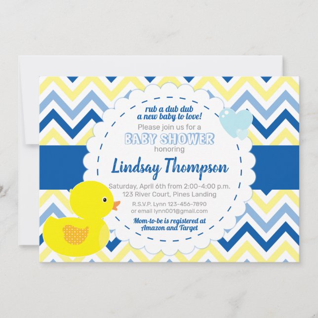 Boy Rubber Ducky Blue Baby shower Invitation (Devant)