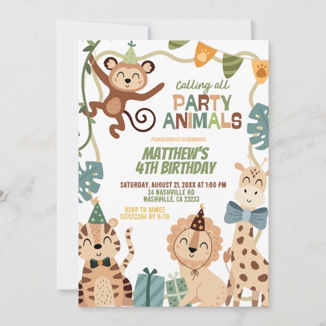 Boy Safari Birthday party animals invitation (Devant)