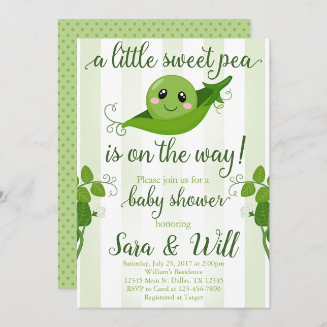 Boy Sweet Pea Pod Baby shower Invitation Invitatio (Devant / Derrière)
