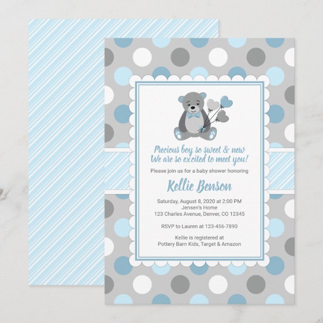 Boy teddy bear bleu gris baby shower invitation (Devant / Derrière)