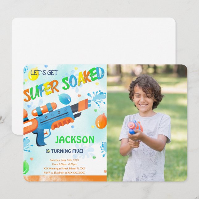 Boy Water Gun Anniversaire Photo Invitation (Devant / Derrière)