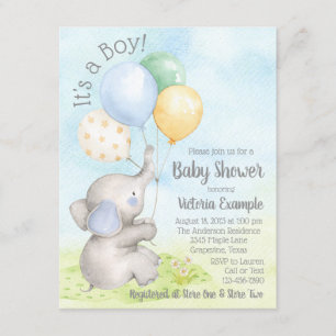Boy Watercolor Elephant Baby Shower Invitations
