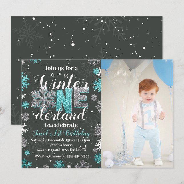 Boy Winter Onederland Anniversaire Invitation Phot (Devant / Derrière)