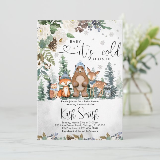 Boy Winter Woodland Baby shower Invitation (Debout devant)