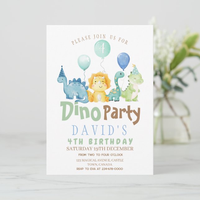Boys 4th Dino Anniversaire Fête Invitation (Debout devant)