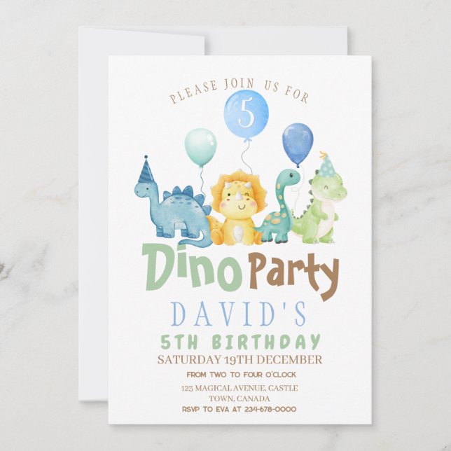 Boys 5e Dino Anniversaire Fête Invitation (Devant)