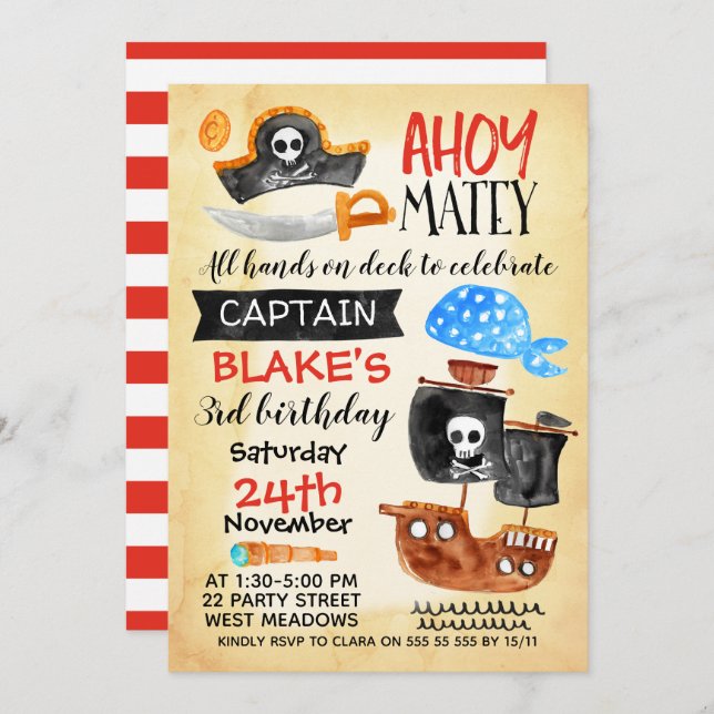 Boys Ahoy Ahoy Pirate Anniversaire Invitation (Devant / Derrière)