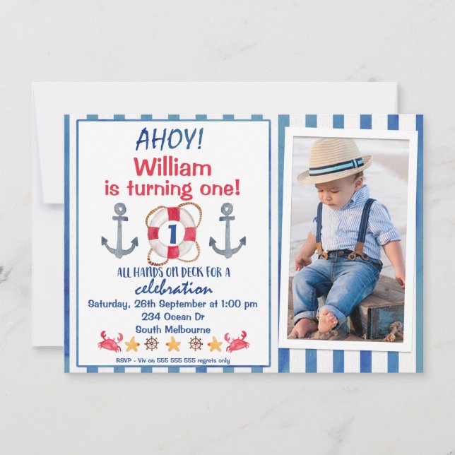 Boys Aquarelle Nautique Anniversaire Invitation (Devant)