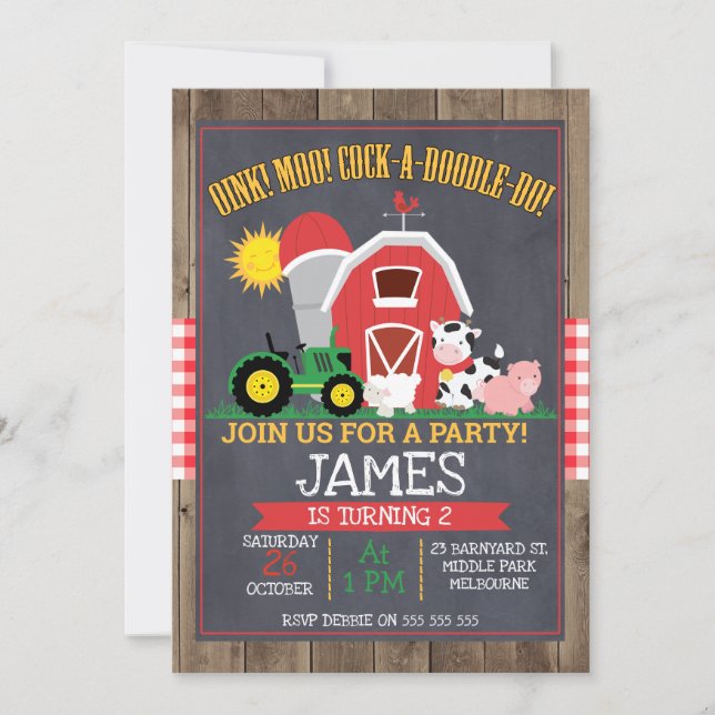 Boys Barnyard Chalkboard Invitation d'anniversaire (Devant)