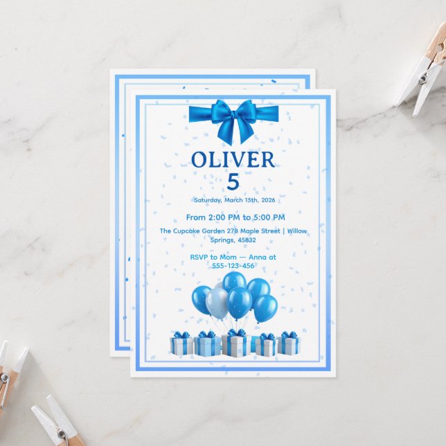 Boys Birthday Invitation - Gift Boxes & Confetti (Devant/Arrière en situation)
