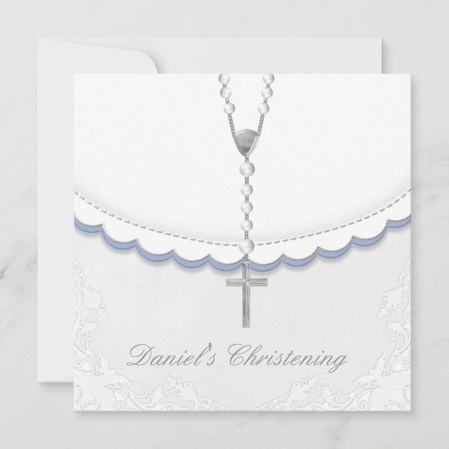 Boys Bleu et gris Christening Invitations (Devant)