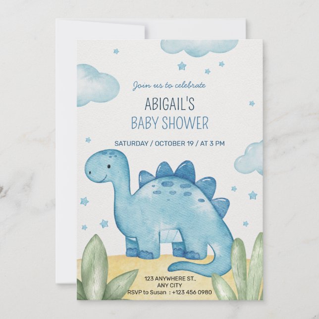 Boys Blue Dinosaur Baby Shower Invitation (Devant)
