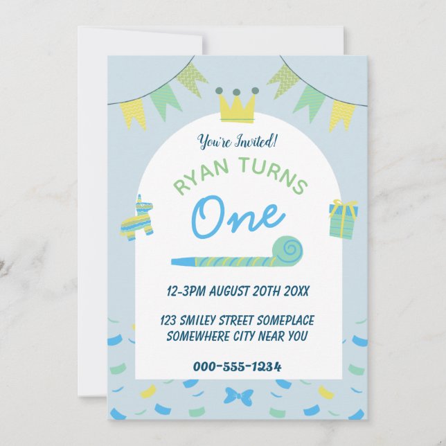 Boys Blue First Birthday Party Invitation (Devant)