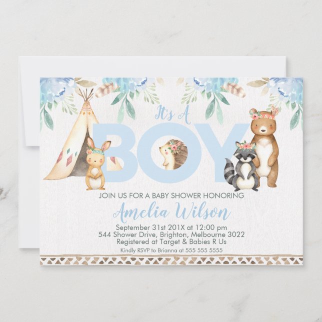 Boys Boho Woodland Baby shower Invitation (Devant)