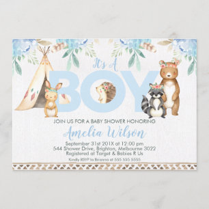 Boys Boho Woodland Baby shower Invitation