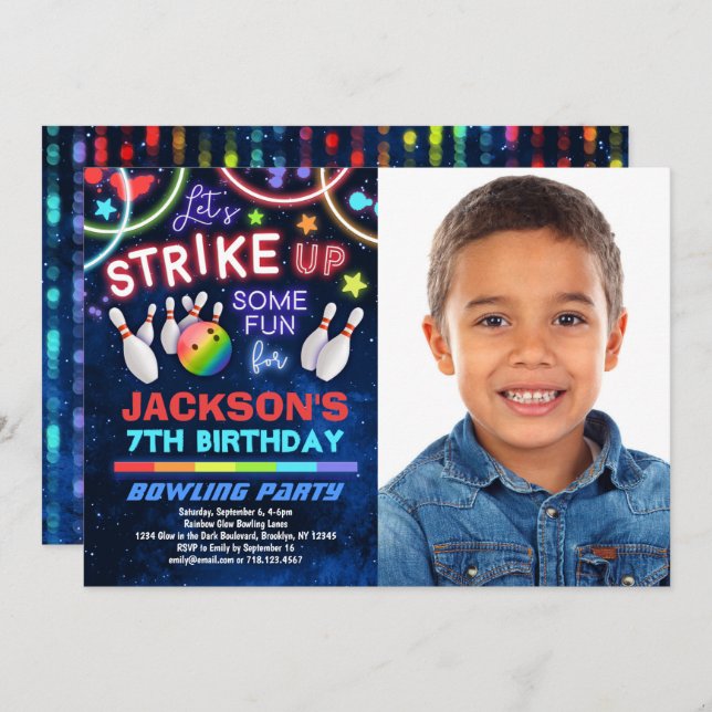 Boys Bowling Anniversaire Fête Photo Invitation (Devant / Derrière)