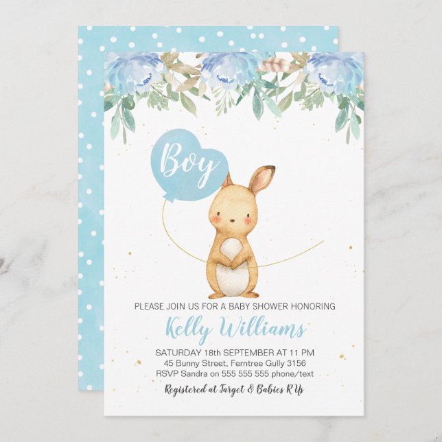 Boys Bunny Baby shower invitation (Devant / Derrière)