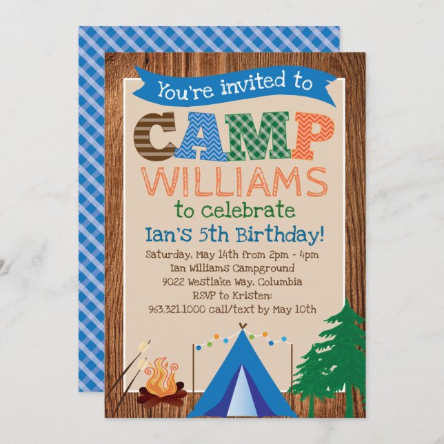 Boys Camping Anniversaire Fête Invitation (Devant / Derrière)