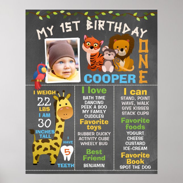Boys Chalkboard Safari Thème Milestone Poster (Devant)