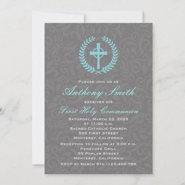Boy's Damask First Comunion Invitation avec Cross (Devant)