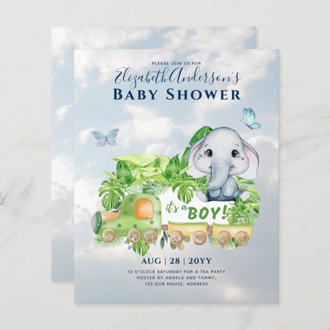 Boys Elephant Aquarelle Baby shower Invitation (Devant / Derrière)