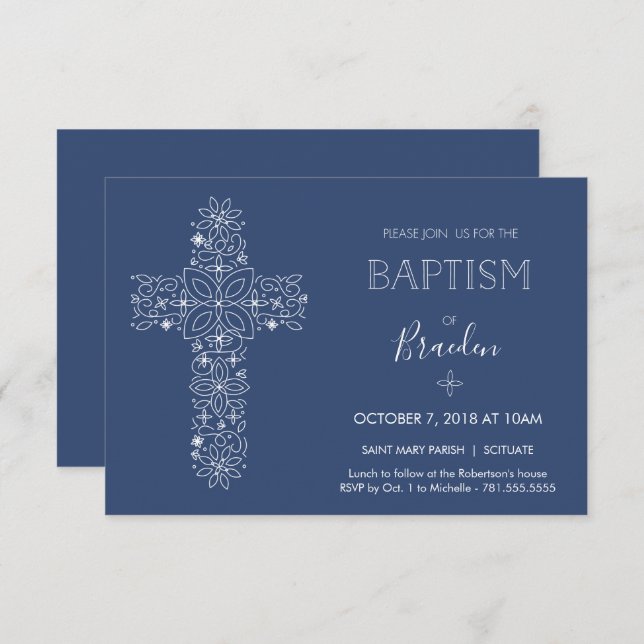 Boys Fancy Baptism Invitation avec Croix (Devant / Derrière)