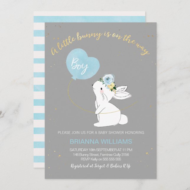 Boys Gray Blue Bunny Baby shower invitation (Devant / Derrière)