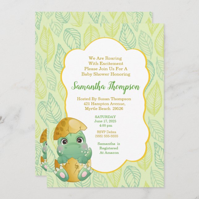 Boys Green Dinosaur Baby shower Oeuf Invitation (Devant / Derrière)
