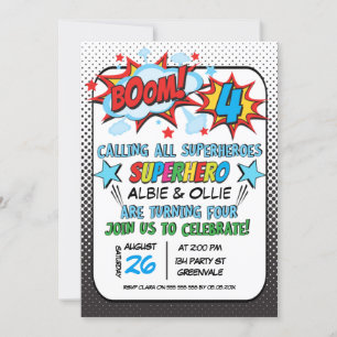 Boys Joint Superhero 4th Birthday Invitation
