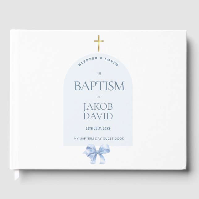 Boy's Modern Blue Bow Baptism Livre d'or (Recto)