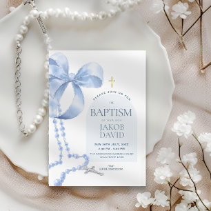 Boy's Modern Blue Bow & Rosary Baptism Invitation